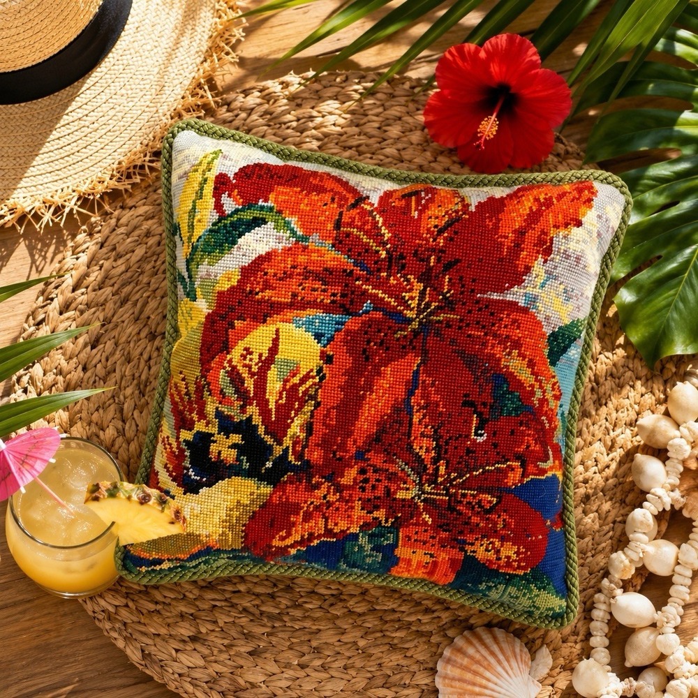 Handmade Needlepoint Hibiscus Throw Pillow 15x15 Tropical‎ Floral Coastal Decor